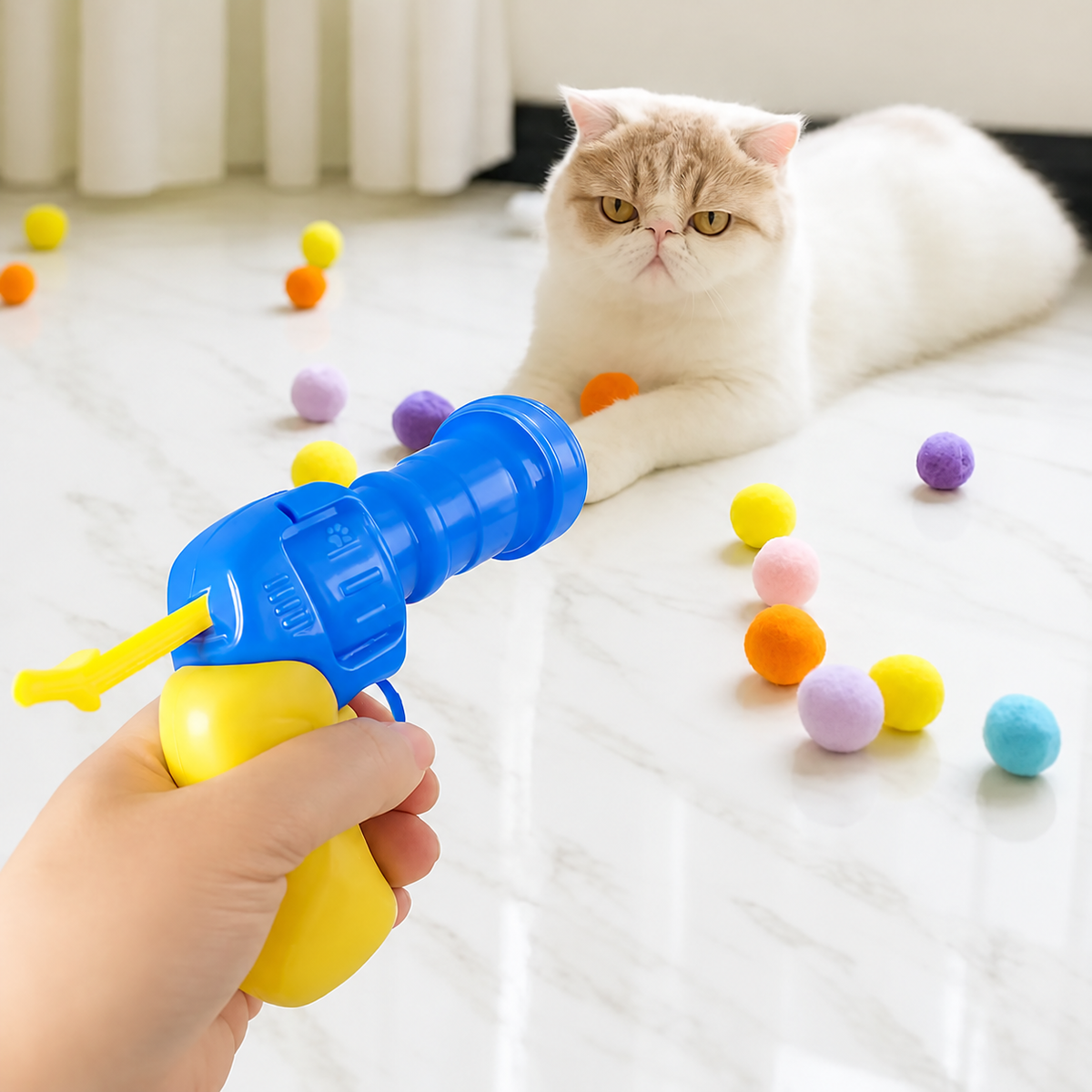 Peluş Top Atıcı İnteraktif Kedi Tabanca Oyuncağı 20 Toplu (Paketli)