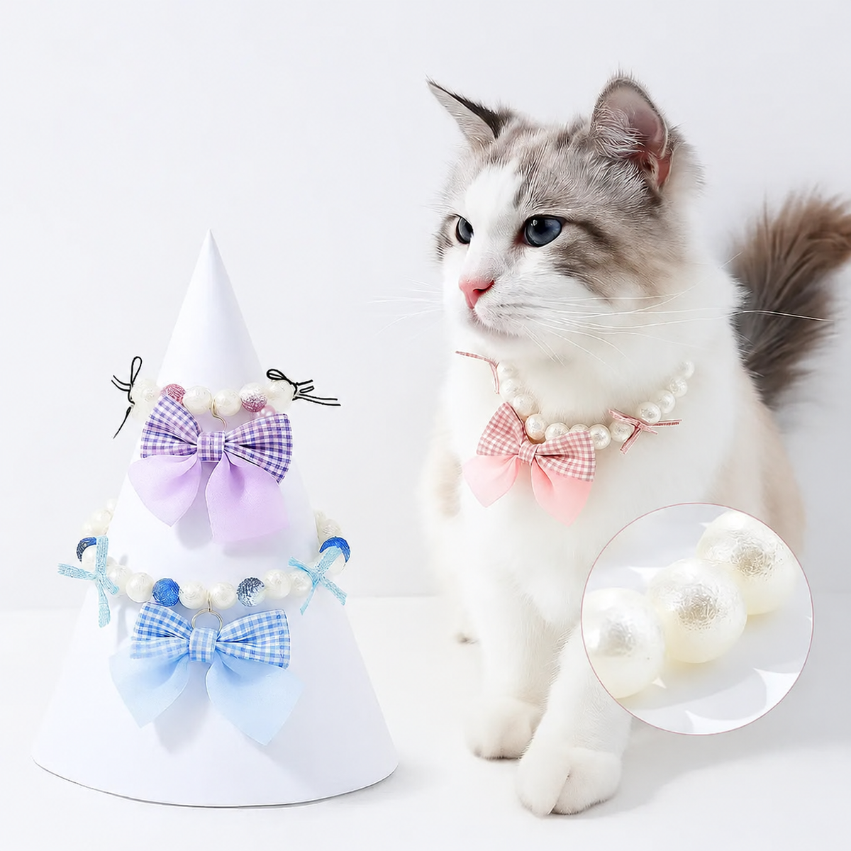 Kedi İnci Kolye Fiyonklu