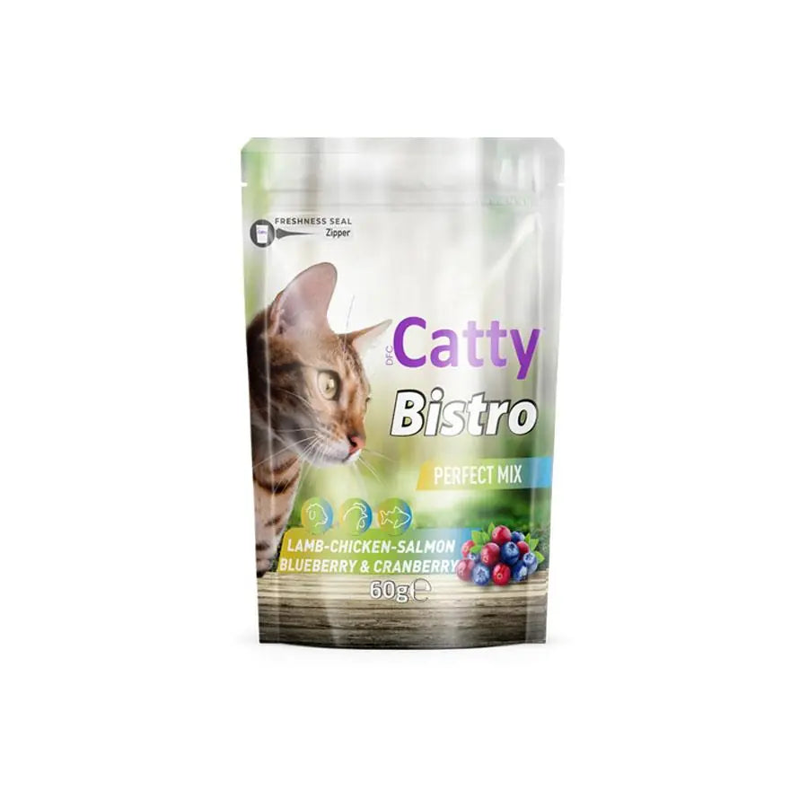 Catty Bistro Mükemmel Karışım Kuzulu Tavuklu Somonlu Yaban Mersinli ve Kızılcıklı Kedi Ödül Maması 60 g paket görseli