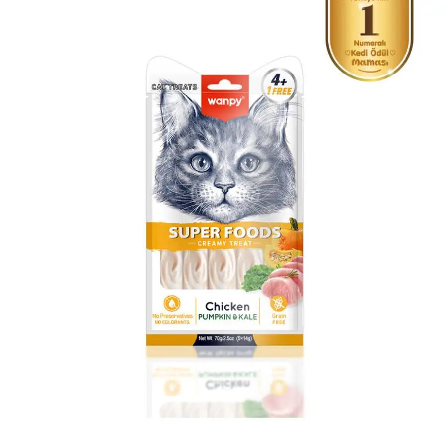 Wanpy Superfood Balkabağı ve Kara Lahanalı Krema Kedi Ödülü 5×14 g paket görseli