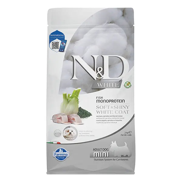 N ve D White Levrek Rezene ve Spirulina Küçük Irk Beyaz Yetişkin Köpek Maması 2 kg paket görseli
