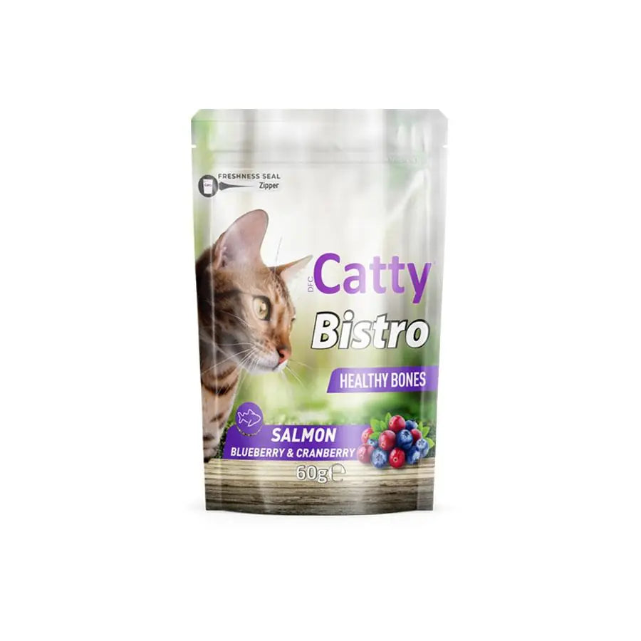 Catty Bistro Sağlıklı Kemikler Somonlu Yaban Mersinli ve Kızılcıklı Kedi Ödül Maması 60 g paket görseli