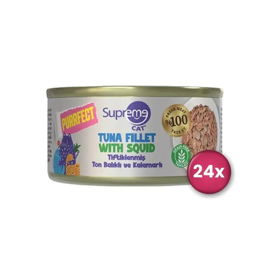 Supreme Cat Purrfect Tiftiklenmiş Ton Balıklı ve Kalamarlı Yetişkin Kedi Konservesi 70 g paket görseli