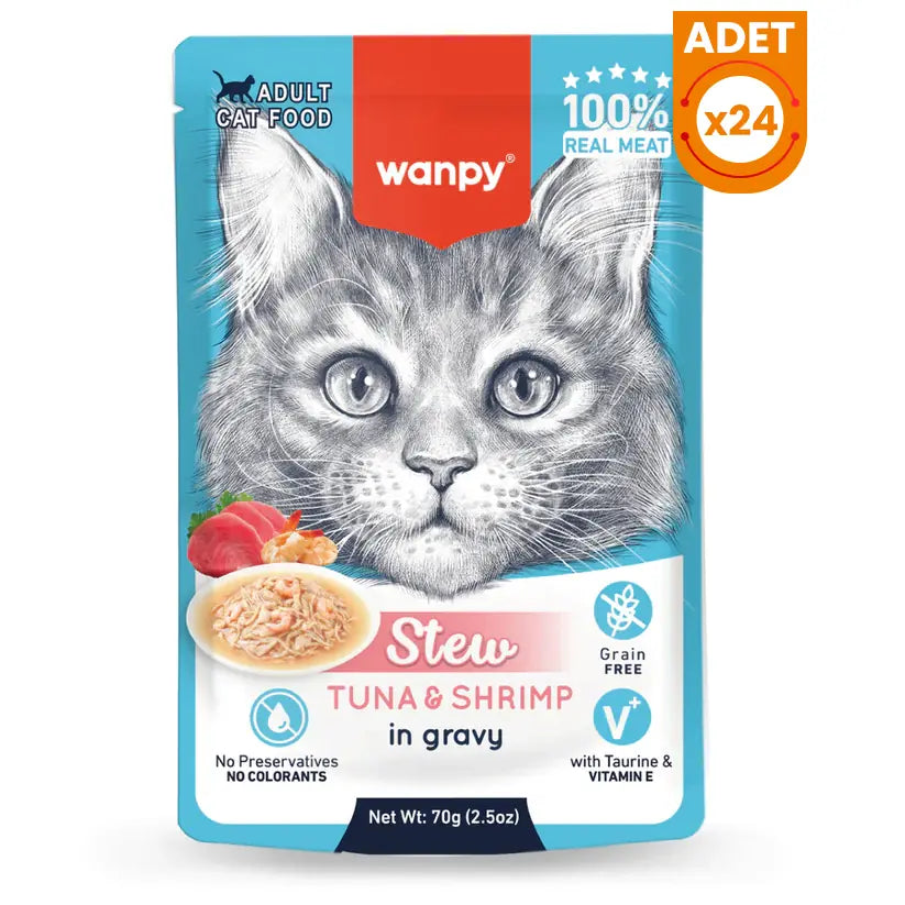 Wanpy Stew Sos İçinde Ton Balıklı ve Karidesli Yetişkin Konserve Kedi Maması 24 Adet / 70 g paket görseli