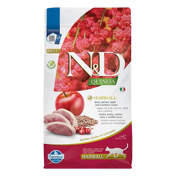 N ve D Quinoa Hairball Ördek Etli Kinoa ve Elmalı Yetişkin Kedi Maması 1,5 kg paket görseli