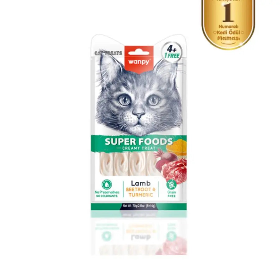 Wanpy Superfood Kuzulu, Pancar ve Zerdeçallı Krema Kedi Ödülü 5×14 g paket görseli