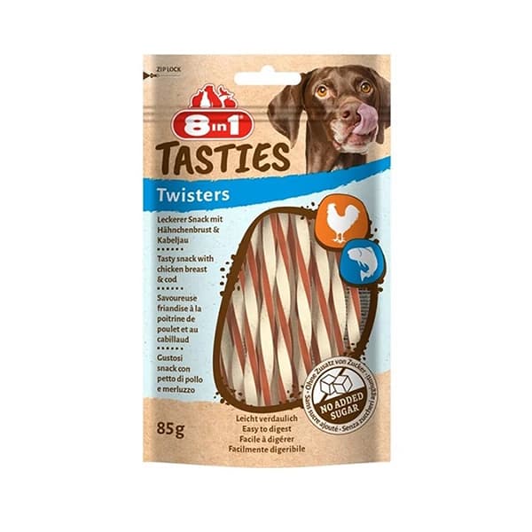 8in1 Tasties Twisters Tavuklu ve Balıklı Burgu Köpek Kemik Ödülü paket görseli