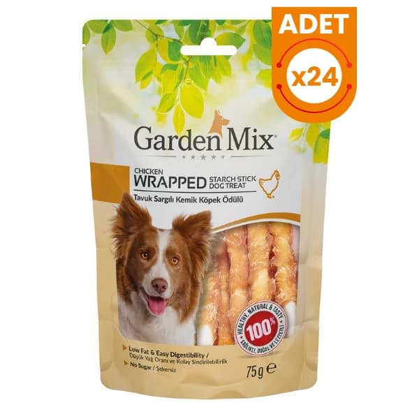 Garden Mix Tavuk Eti Sargılı Kemik Düşük Yağlı Şekersiz Stick Köpek Ödül Maması 75 g / 24 Adet paket görseli