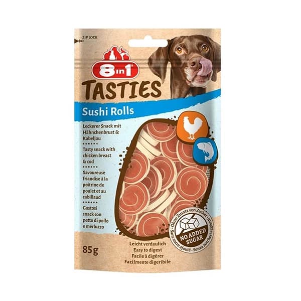8in1 Tasties Sushi Rolls Tavuklu ve Balıklı Sushi Köpek Ödül Maması paket görseli