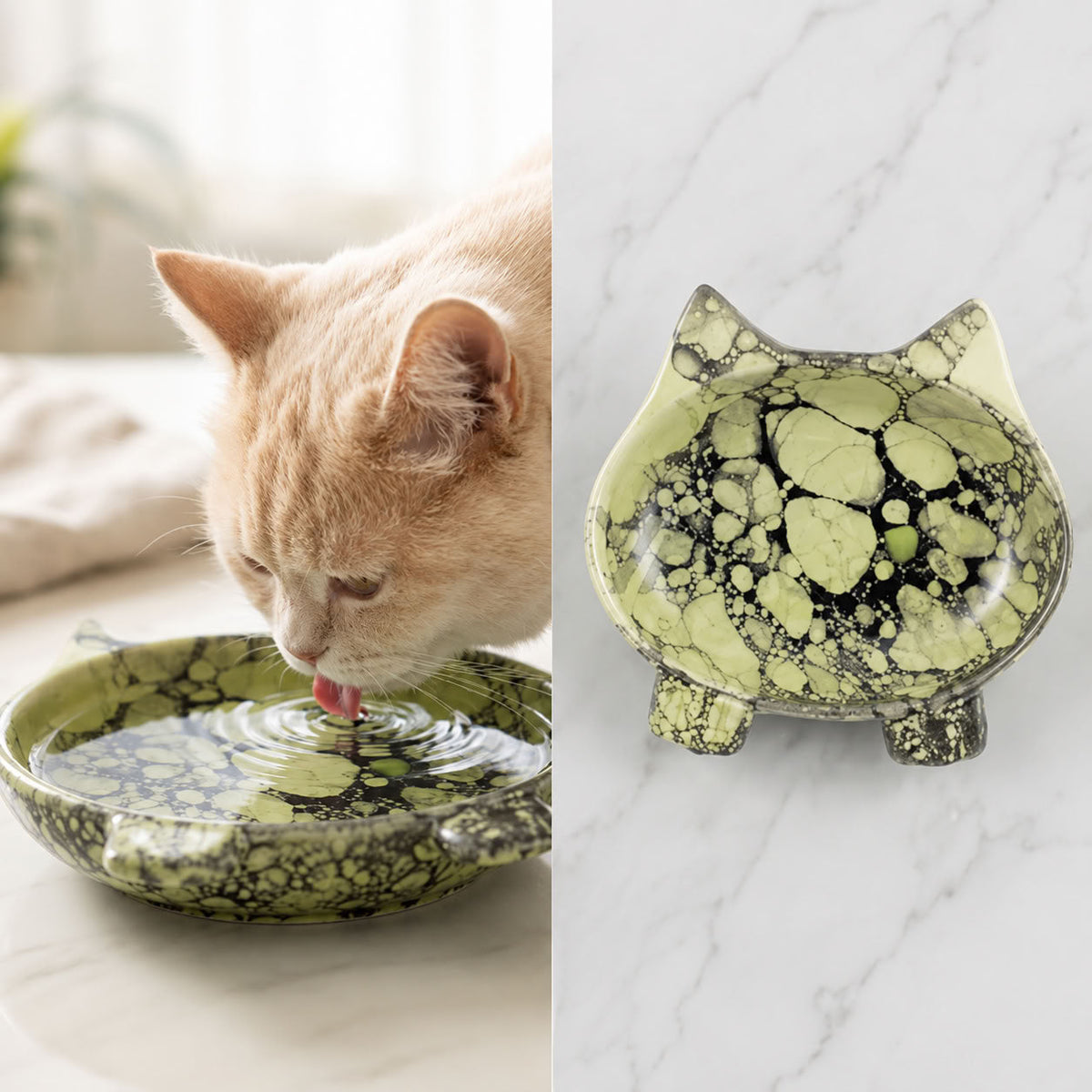 Kedi Model Seramik Mama ve Su Kabı - Sarı