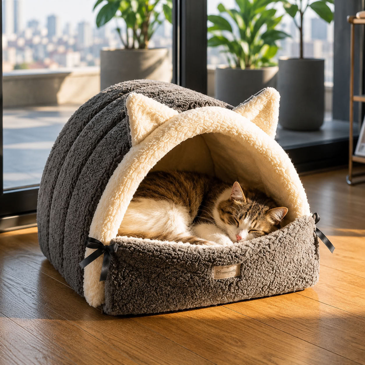 Kulaklı Model Kedi Evi 40x55x30 cm – Gri