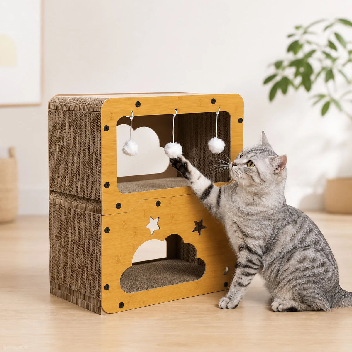 Ahşap Kenarlı Kedi Tırmalama Oyun Kutusu – Yıldız detaylı