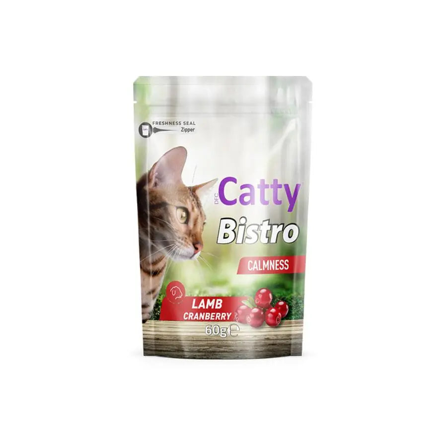 Catty Bistro Sakinleşme Etkili Kuzulu ve Kızılcıklı Kedi Ödül Maması 60 g paket görseli