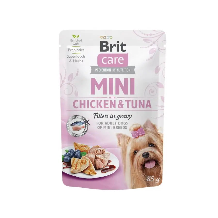 Brit Care Sos İçinde Fileto Et Parçalı Tavuk ve Ton Balıklı Mini Irk Yetişkin Köpek Konservesi 85 g paket görseli