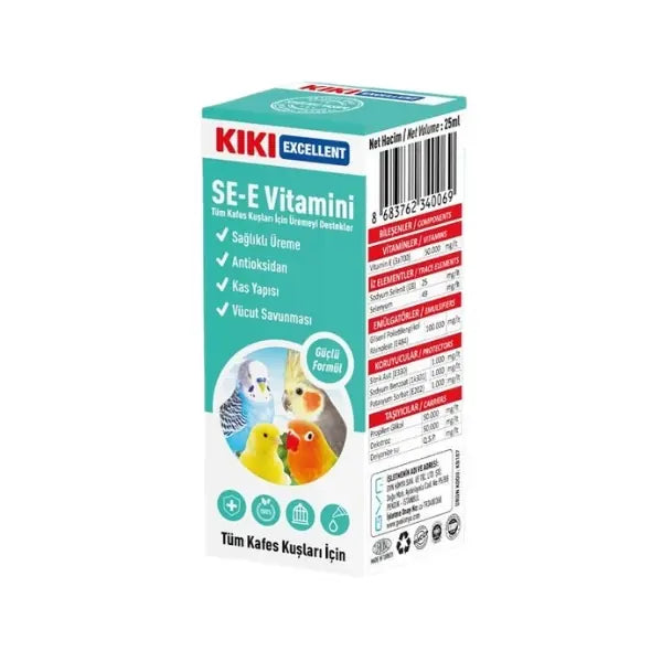 Kiki Excellent Sağlıklı Üreme Destekleyici Kuşlar için SE-E Vitamini Sıvı Damla 25 ml paket görseli