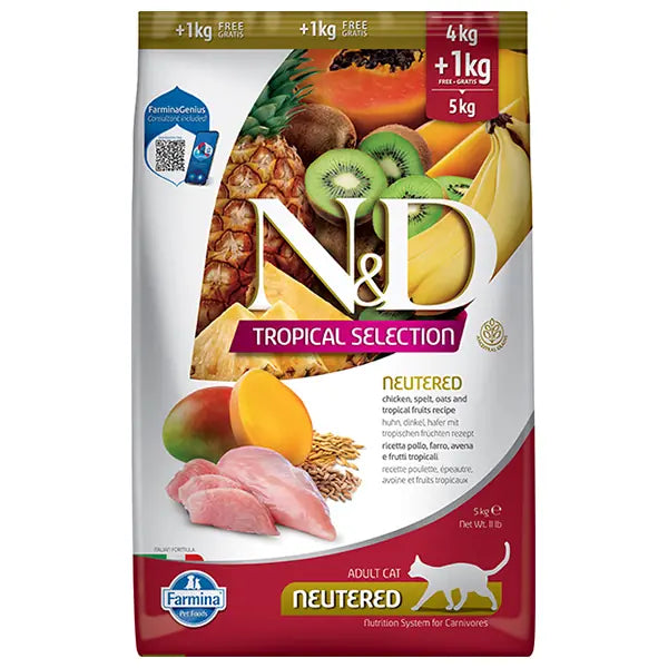 N ve D Tropical Selection Tavuklu ve Tropikal Meyveli Kısırlaştırılmış Kedi Maması 4 kg+1 kg Hediyeli paket görseli