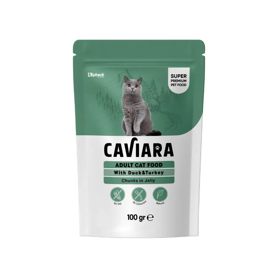 Caviara Pouch Jöle İçinde Et Parçacıklı Ördek ve Hindi Etli Yetişkin Kedi Konservesi 100 g / 1 paket görseli