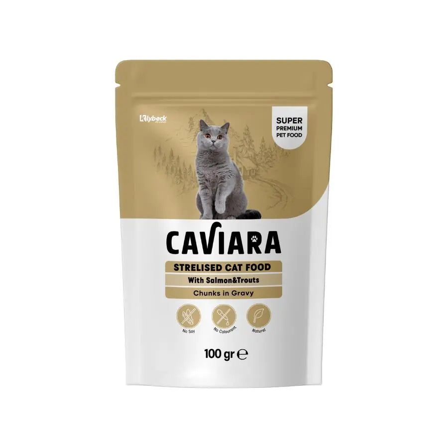 Caviara Pouch Sos İçinde Et Parçacıklı Somon ve Alabalıklı Kısırlaştırılmış Yetişkin Kedi Konservesi 100 g / 1 paket görseli