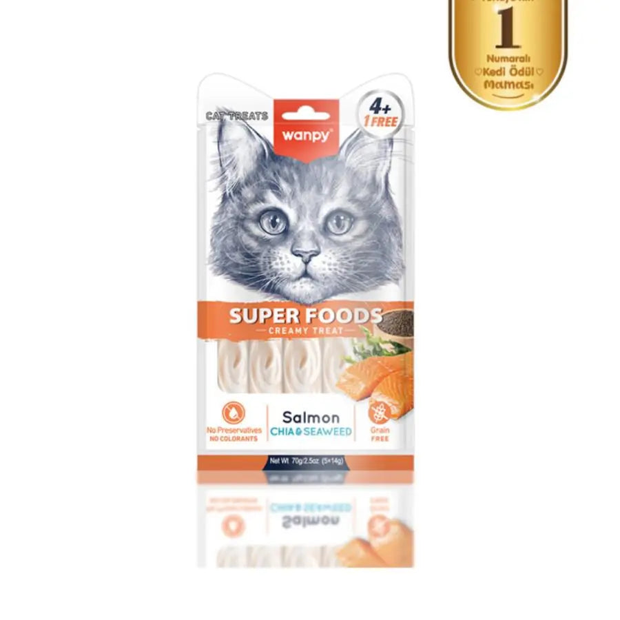Wanpy Superfood Somonlu, Chia ve Deniz Yosunlu Krema Kedi Ödülü 5×14 g paket görseli