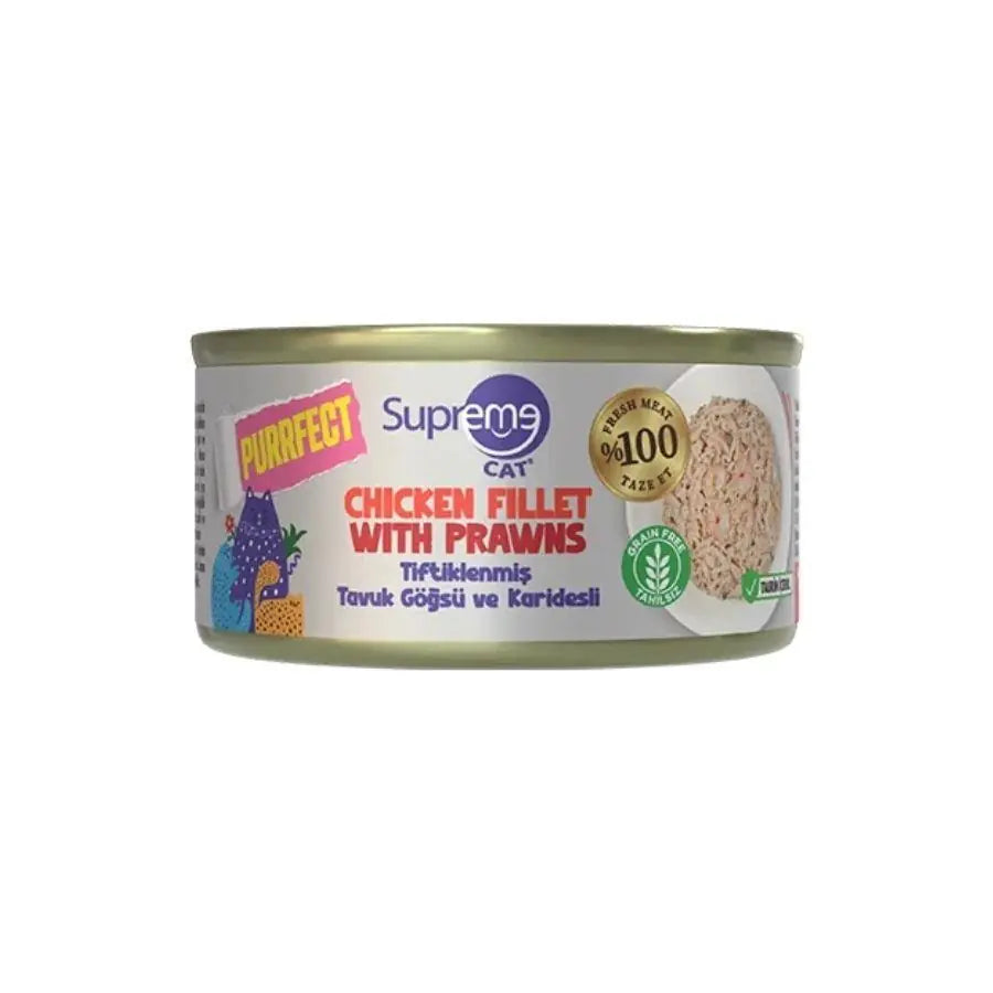 Supreme Cat Purrfect Tiftiklenmiş Tavuk Göğsü ve Karidesli Yetişkin Kedi Konservesi 70 g paket görseli
