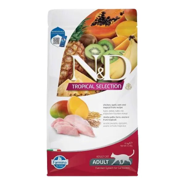 N ve D Tropical Selection Tavuklu ve Tropikal Meyveli Yetişkin Kedi Maması 4 kg+1 kg Hediyeli paket görseli