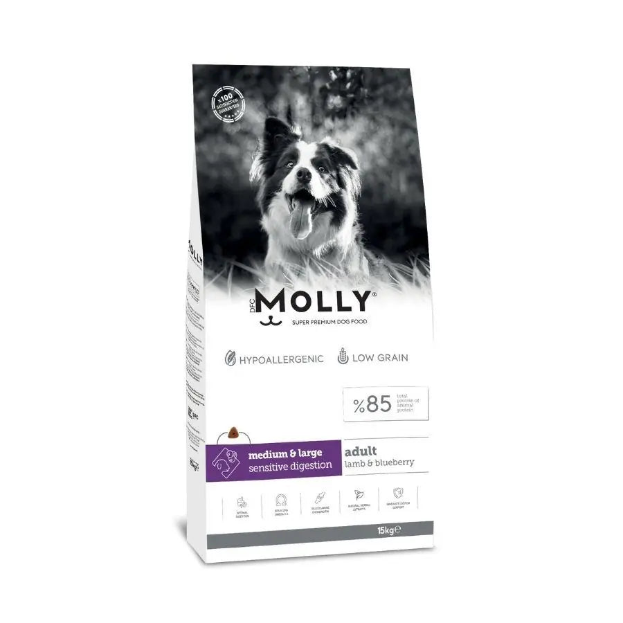 Molly Düşük Tahıllı Hypoallergenic Kuzulu ve Yaban Mersinli Orta ve Büyük Irk Yetişkin Köpek Maması 15 kg paket görseli