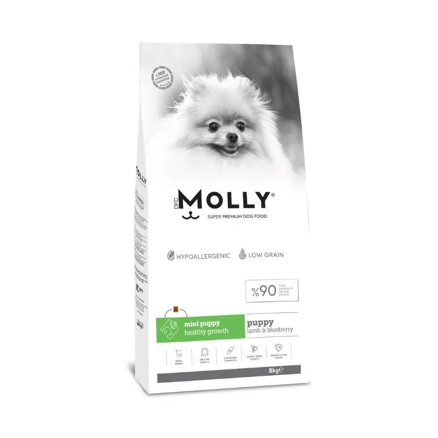Molly Düşük Tahıllı Hypoallergenic Kuzulu ve Yaban Mersinli Küçük Irk Yavru Köpek Maması 8 kg paket görseli