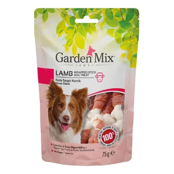 Garden Mix Kuzu Sargılı Kemik Düşük Yağlı Şekersiz Köpek Ödül Maması 1 Adet / 75 g paket görseli
