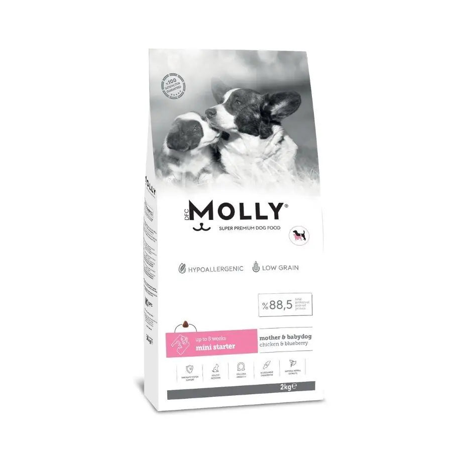Molly Düşük Tahıllı Hypoallergenic Tavuklu ve Yaban Mersinli Küçük Irk Anne ve Yavru Köpek Maması 2 kg paket görseli