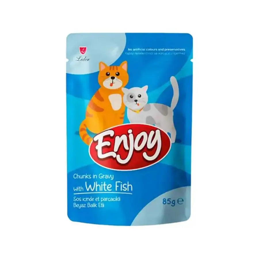 Enjoy Pouch Sos İçinde Et Parçacıklı Beyaz Balıklı Yetişkin Kedi Konservesi 85 g paket görseli