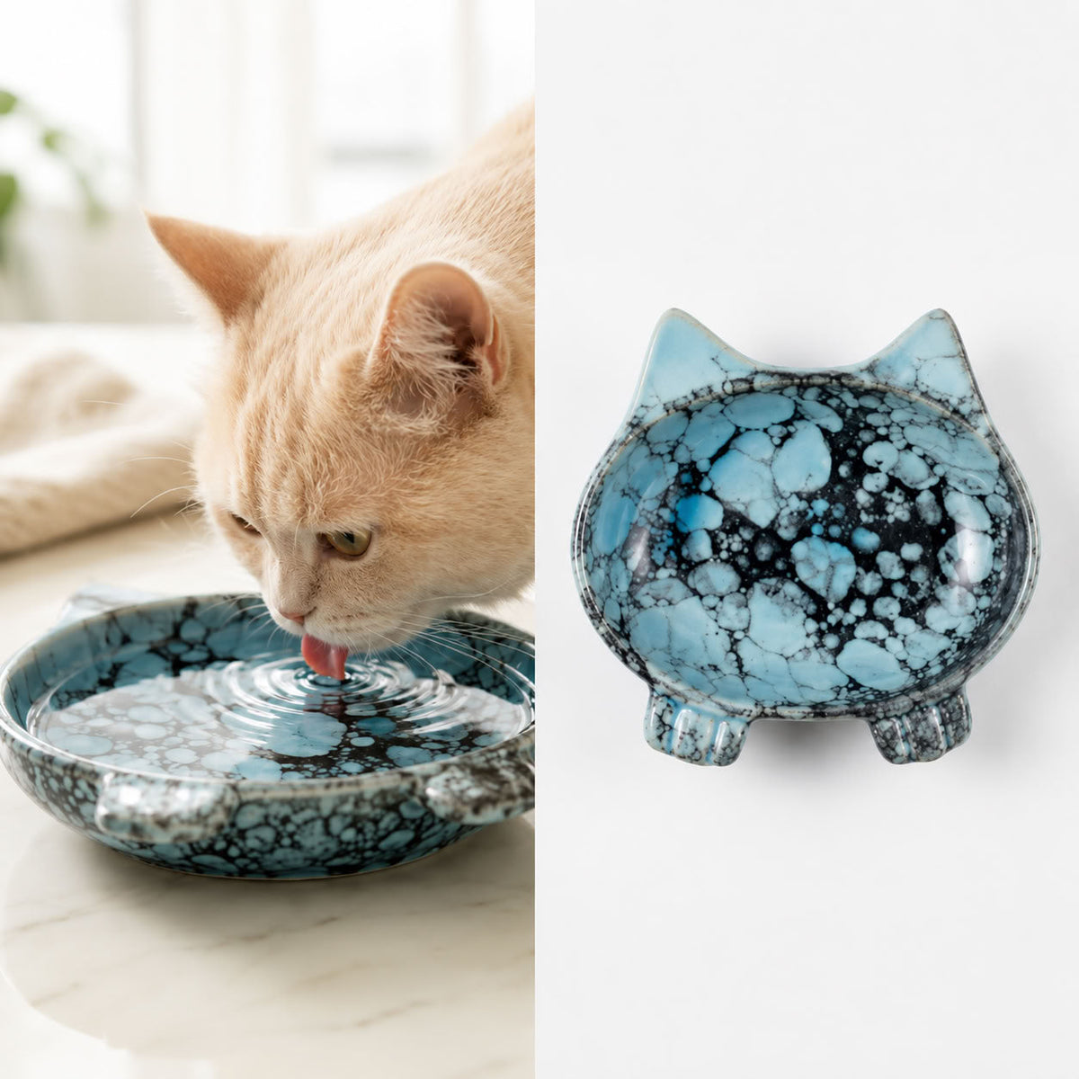 Kedi Model Seramik Mama ve Su Kabı - Mavi