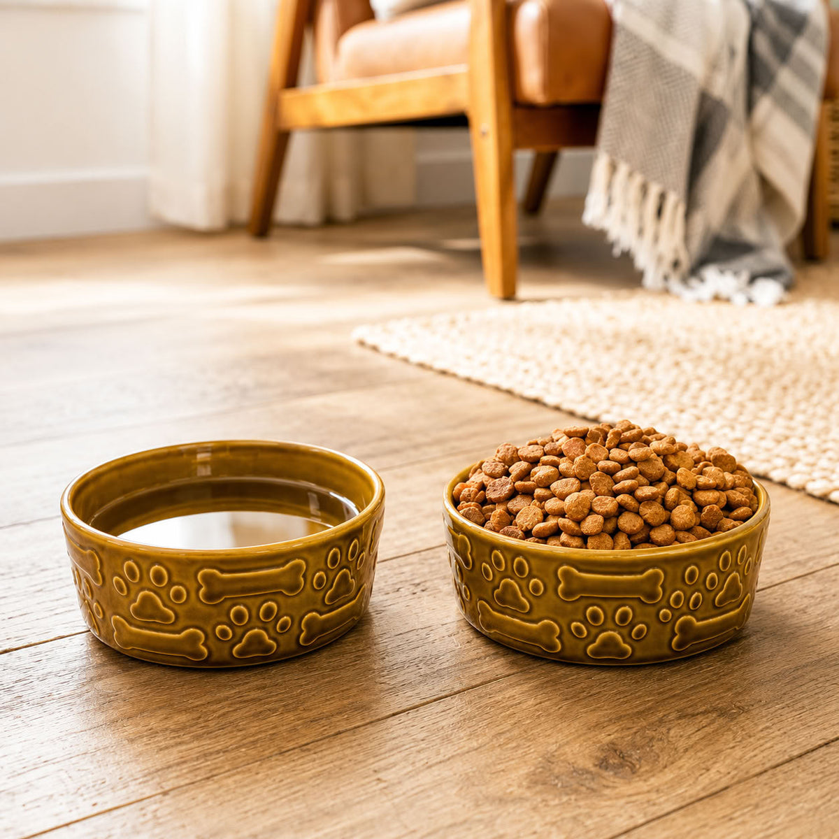 Stonware 2Lİ Seramik Mama Su Kabı Pati Kemik Kabartmalı Kahve (Kutulu)