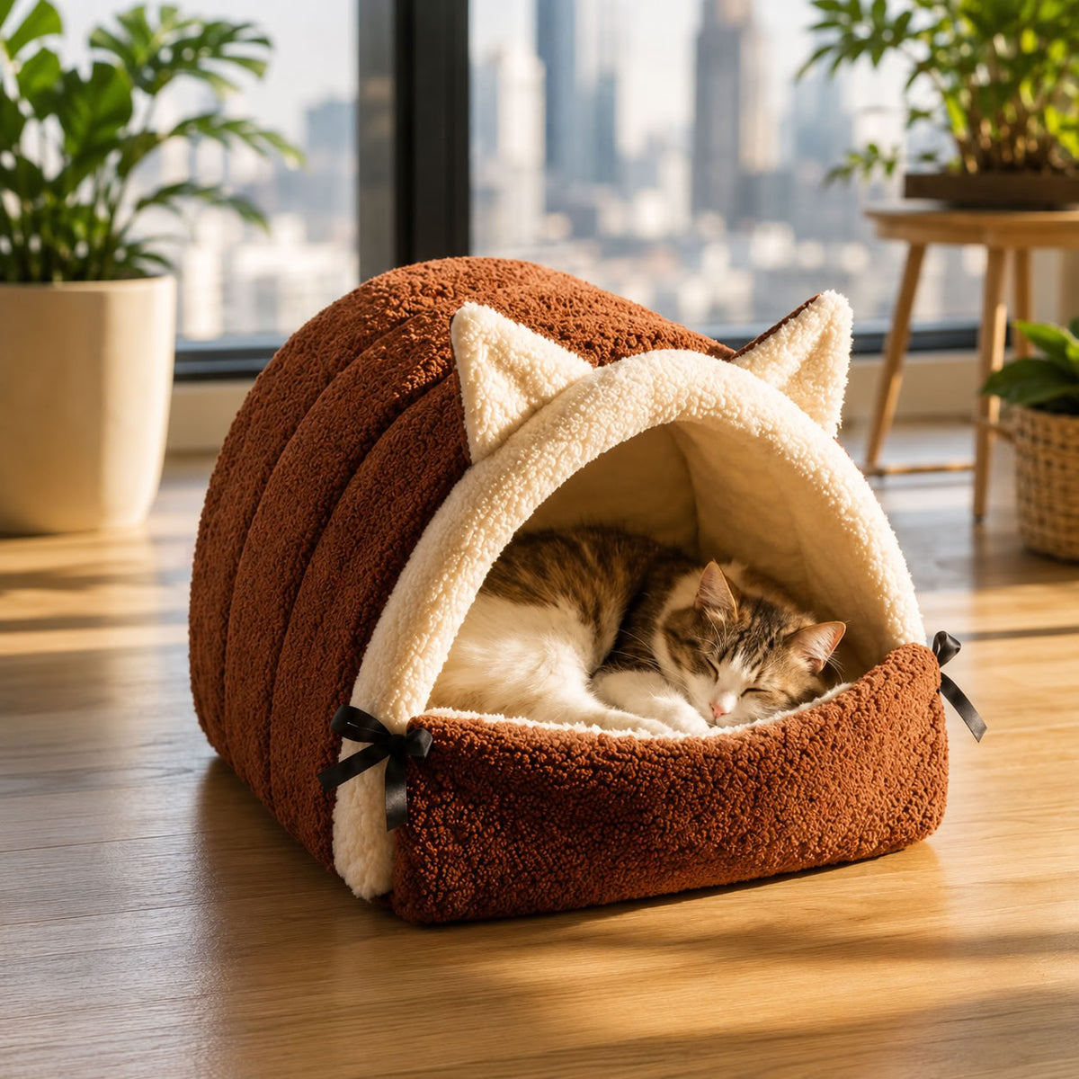 Kulaklı Model Kedi Evi 40x55x30 cm – Kahverengi