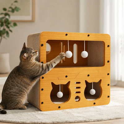 Ahşap Kenarlı Kedi Tırmalama Oyun Kutusu – İki kedi pencereli
