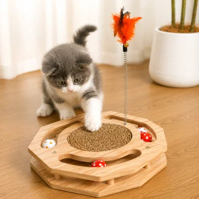 Ahşap Yaylı Tüylü Kedi Tırmalama Ünitesi Sekizgen 30x30 cm