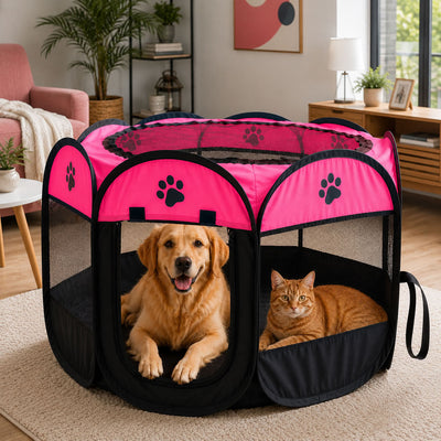 Katlanabilir Sekizgen Evcil Hayvan Oyun Parkı - 91x58 cm / Pembe