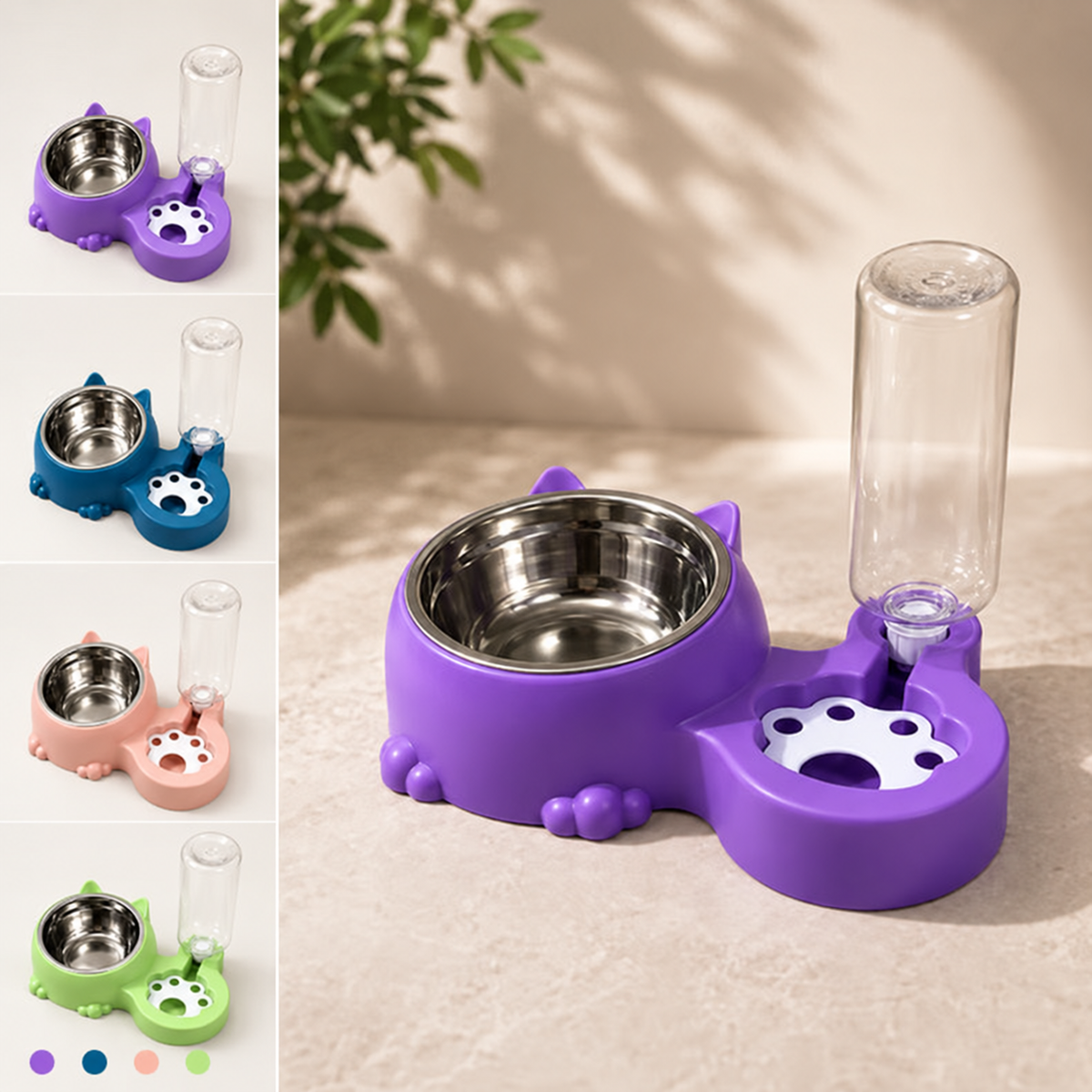 Kedi köpek su sebili, çelik taslı mama ve su kabı, dört renk seçeneği